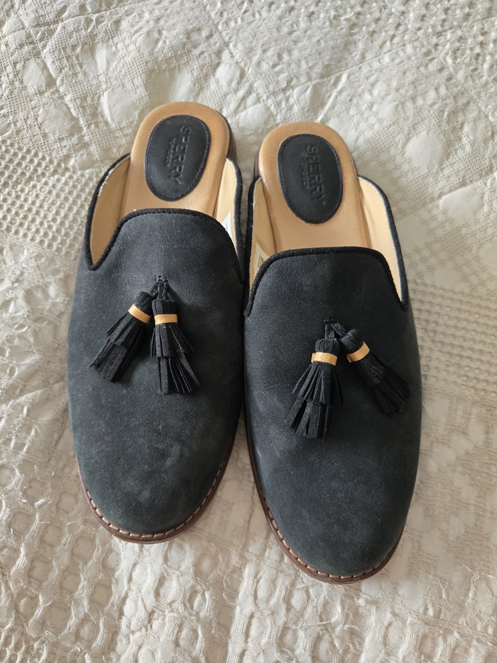 Sperry Dark Green Suede Tassel Mules Preppy Fall Classic Size 8.5